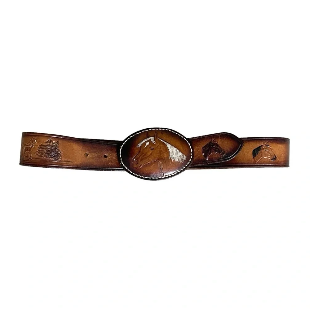 Handmade Hand Tooled Horses Western Cowboy Brown Leather Belt XL